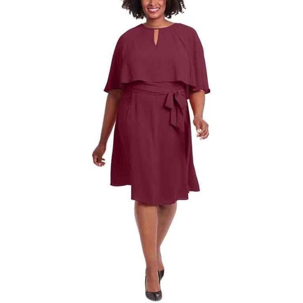 NWT London Times Womens Wine Cape Sleeve Keyhole A Line Dress Size 18W
